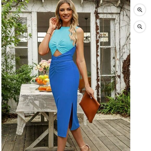 Pink Queen Cutout Twist Ruched Slit Tie Back Bodycon Midi Dress Blue Medium - Picture 1 of 6